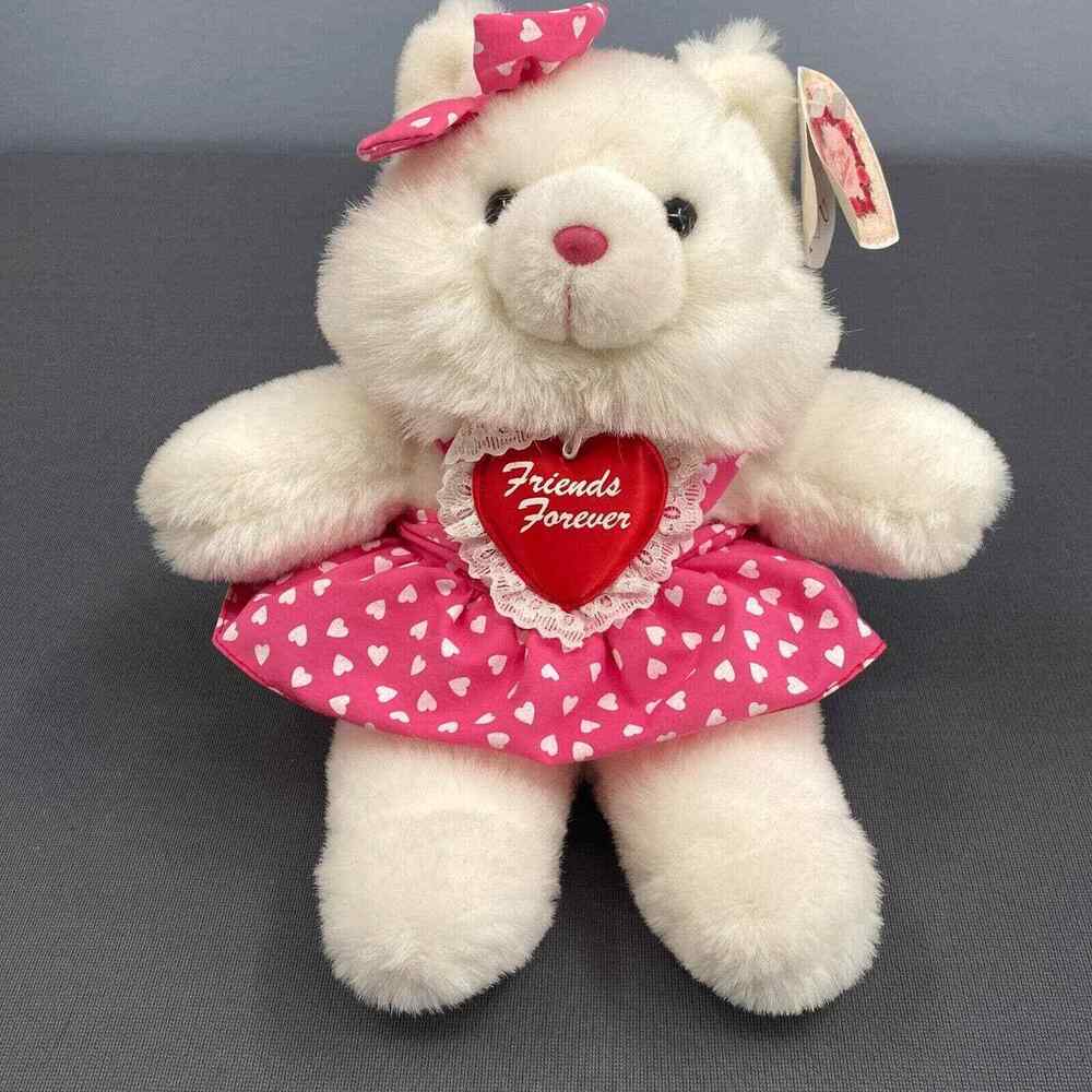VTG Valentine Teddy Bear Plush Stuffed Animal White Pink Hearts Skirt 12" New